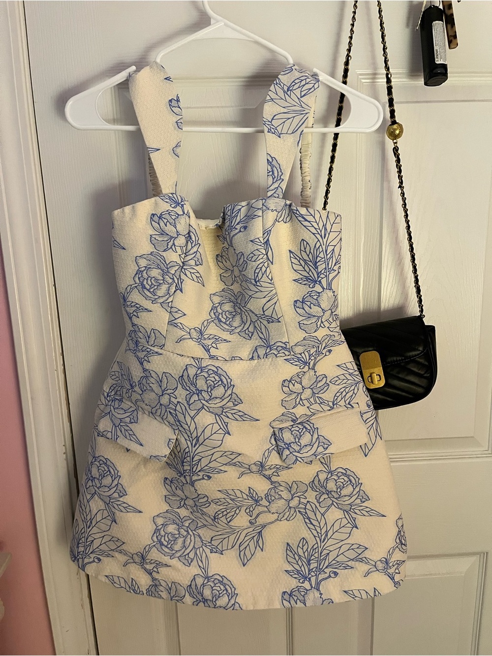 MABLE Cream and Blue Floral A-Line Dress with Wide Straps